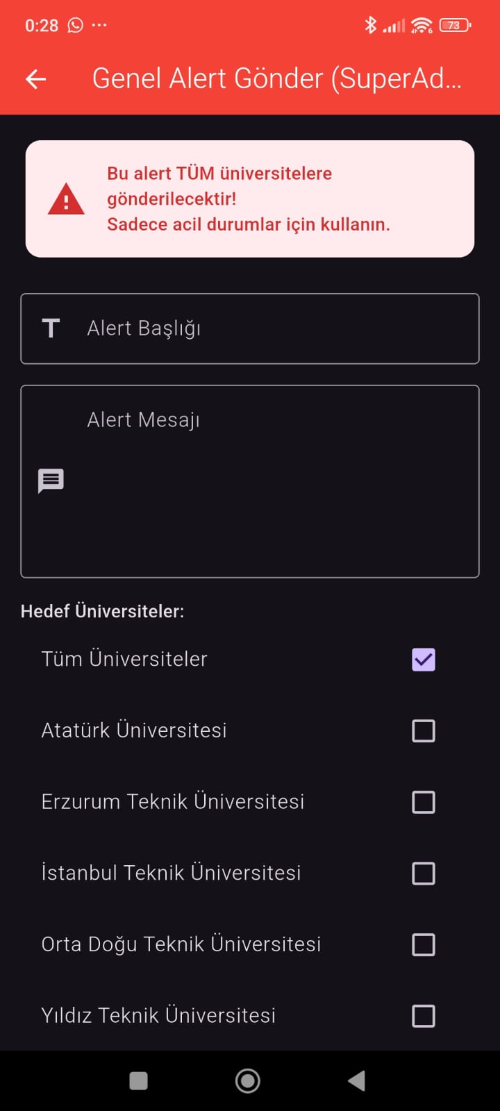 Süper Admin Alert (Acil Durum Bildirimi Gönderme) Sayfası